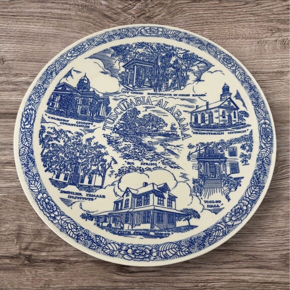 Vintage Vernon Kilns‎ Plate Tuscambia Alabama Blue White USA Pottery Decorator - Picture 1 of 12